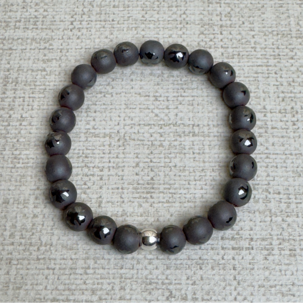 Hematite Matte Beads With Shiny Cross Bead Stretch Bracelet 8mm